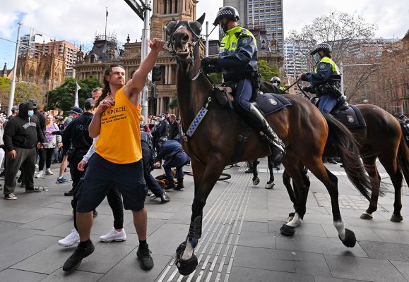 Anti-lockdown protester and a police horse